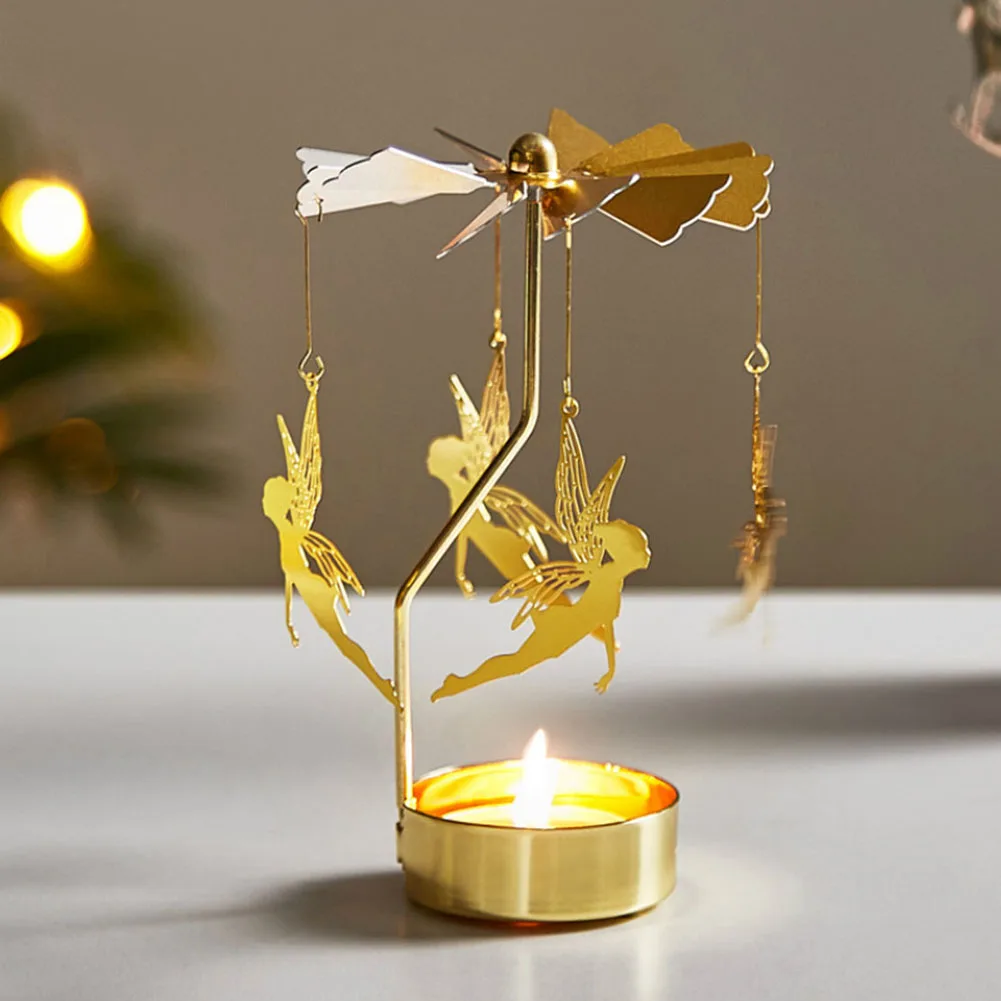 

Gold Romantic Rotating Candlestick Spinning Carrousel Tea Light Metal Candle Holder for Christmas Wedding Party Table Decoration