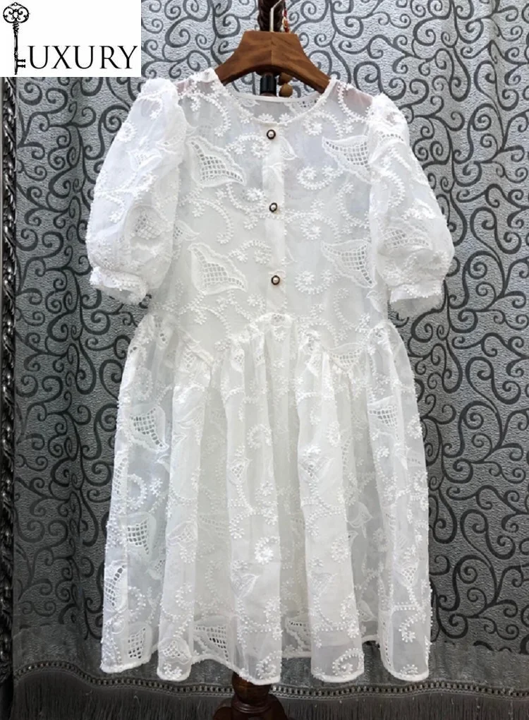 

Embroidery 2020 Summer 100%Cotton Style Women Beading Button Front Short Sleeve Ball Gown White Blue Red Dress Gorgeou