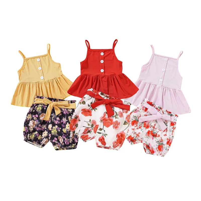 

2Pcs 2-7Year Children Girls Summer Clothes Set,Baby Girl Casual Sweet Cute Solid Color Suspender Tops+Flower Bandage Short Pants