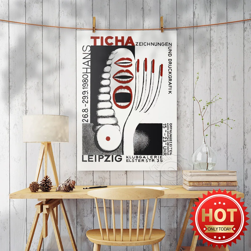 

Hans Ticha Artworks Poster, Leipzig Exhibition Art Prints, Abstract Lips Hand Teeth Wall Art, Vintage Art, Gallery Mural Decor