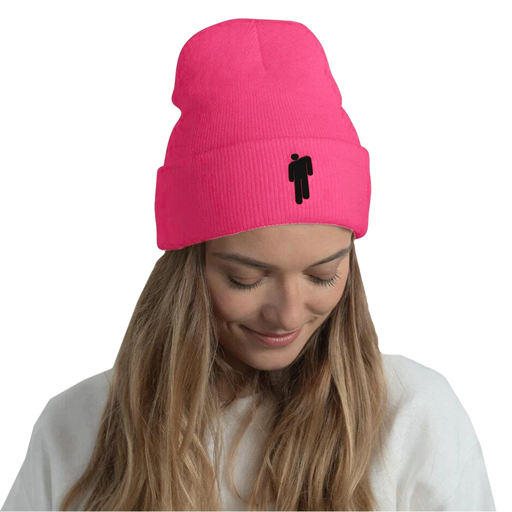 Hot Pink Billie Eilish, шапка в стиле хип-хоп, женские неоновые зеленые кепки, Модная вязаная шапочка с вышивкой, шапки Skullies, уличная шапка, капот, 18 цветов - Цвет: Hot Pink
