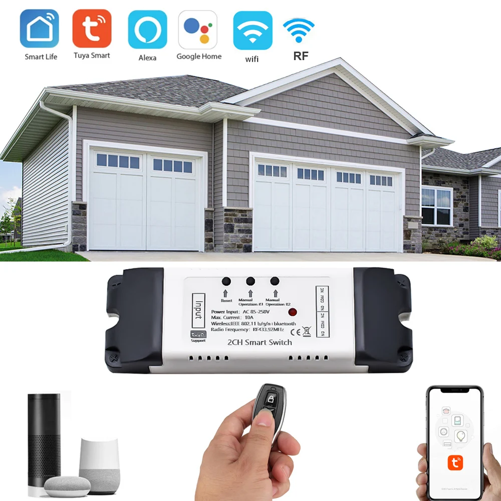 Tuya Smart WIFI 2.4G Garage Door Opener Controller Open & Close by Phone APP And 433 Remote Compatible Alexa & Google Home