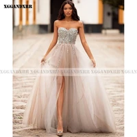 elegant a line side slit prom dress 2022 tulle crystal long skirt champagne sleeveless sweet 15 16 birthday party sweep train