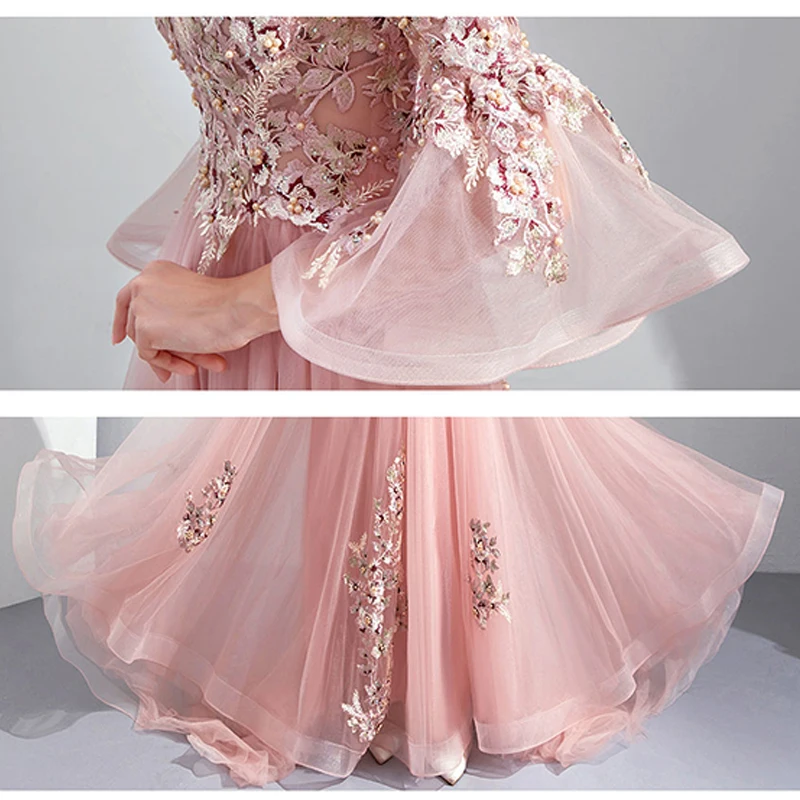 

Bespoke Occasion Dresses A-Line Boat Neck Half Off The Shoulder Crystal Pearls Lace Tulle Embroidery Women Engagement Gown TS002