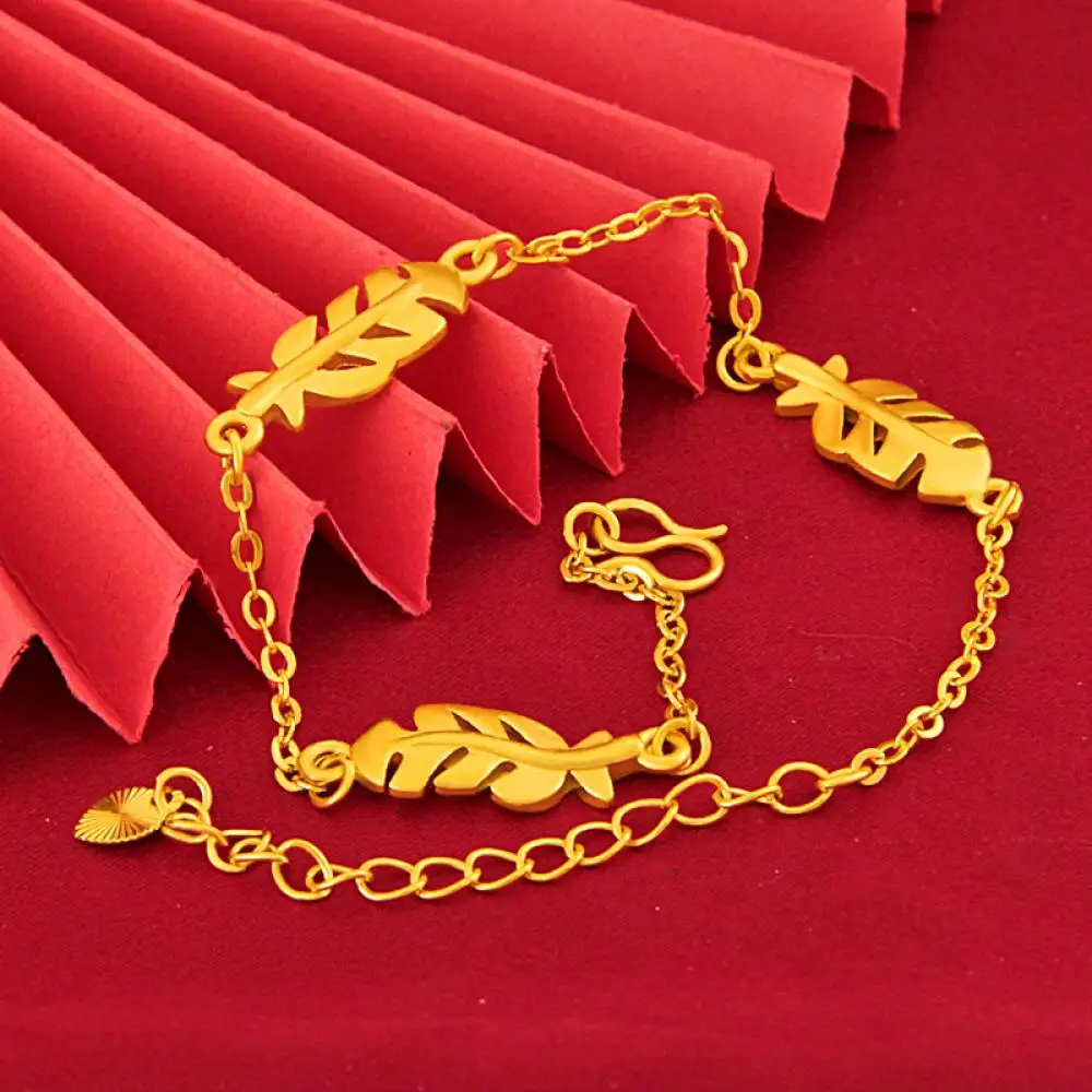 

HOYON 100% 24k Pure Gold Color Small Fresh Wings Jewelry For women and Girls Hand chian Birthday Gift Bracelet 4g 23cm box