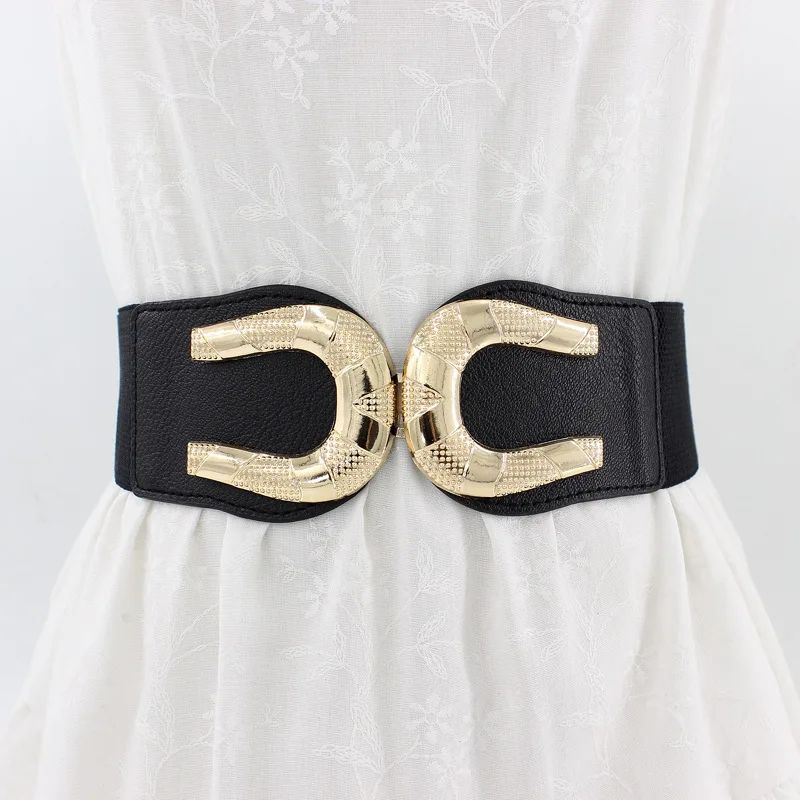 

Women Belt Elastic Waistband Elegant Cummerbunds For Women Dress Gold Buckle Black Belt Fashion Leather Strap Waist 2020 New