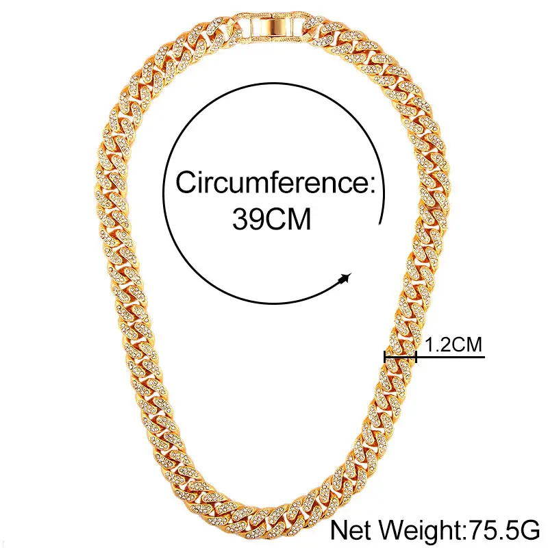 

12mm Miami Cuban Link Chain Gold Silver Color Choker Necklace for Women Iced Out Crystal Rhinestone Necklace Hip hop Jewlery