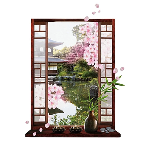 3D окно Сакура персик цветок Искусство стикер стены съемные настенные росписи