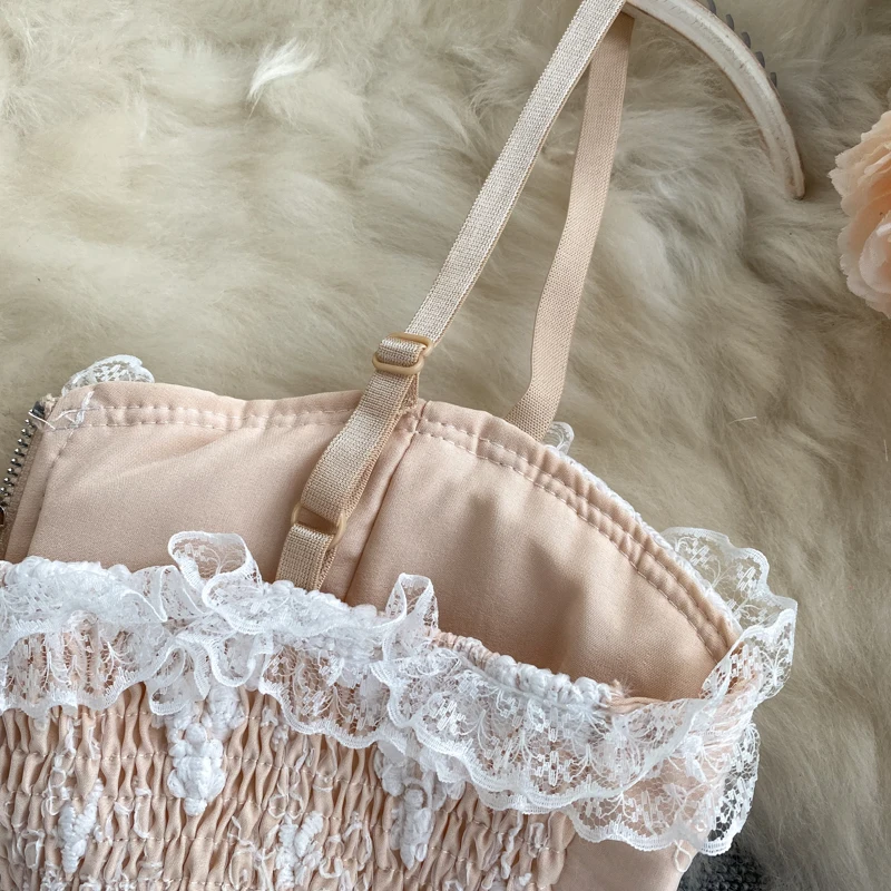 

New stylish floral lace camis sexy spaghetti strap sleeveless mesh embroidery lace zip up pleated elastic back crop top