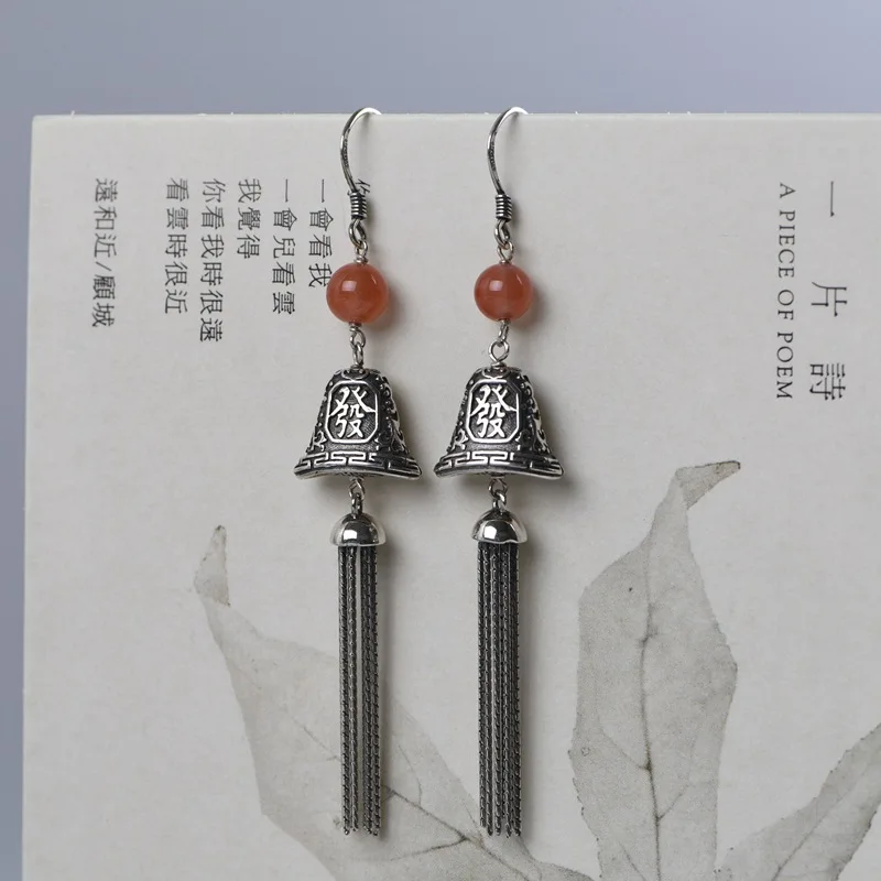 

FNJ Tassel Chain Earrings 925 Silver Original Pure S925 Sterling Silver Drop Earring for Women Jewelry Good Luck Fa Red Agate