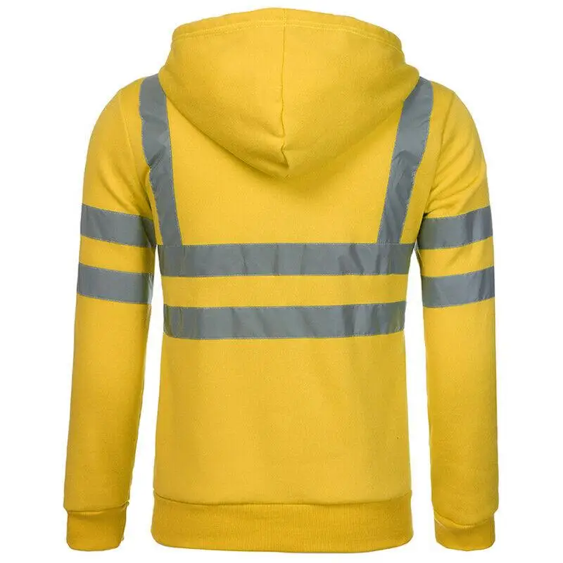 

Men Stripe Patchwork Hooded Sweatshirt Jumper Tops Railway Work Jacket Outwear New Reflective Tape Safety Security Work Coats