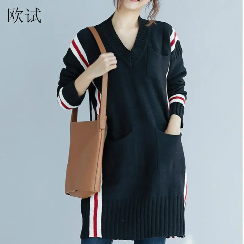 Black Sweater Женский Длинный свитер размера плюс, Осень-зима, в полоску, из кусков, Свитера с v-образным вырезом, корейский стиль, повседневный пуловер 4XL - Цвет: Black Sweater