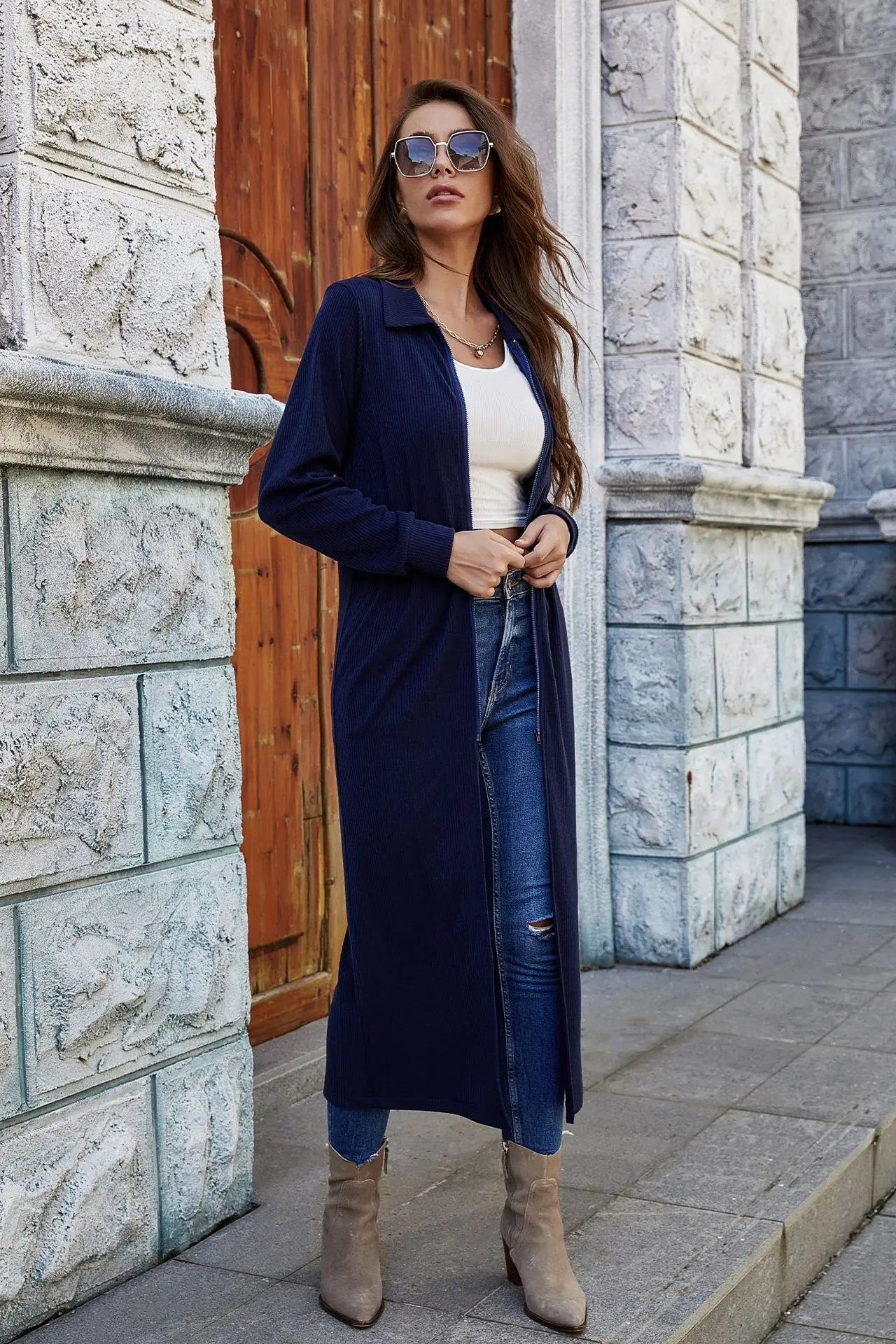 

2020Autumn Winter New Sexy Hot Selling Lapel Women's Knitted Long Sleeve Solid Color Coats Pit Stripe Versatile Cardigan Coats