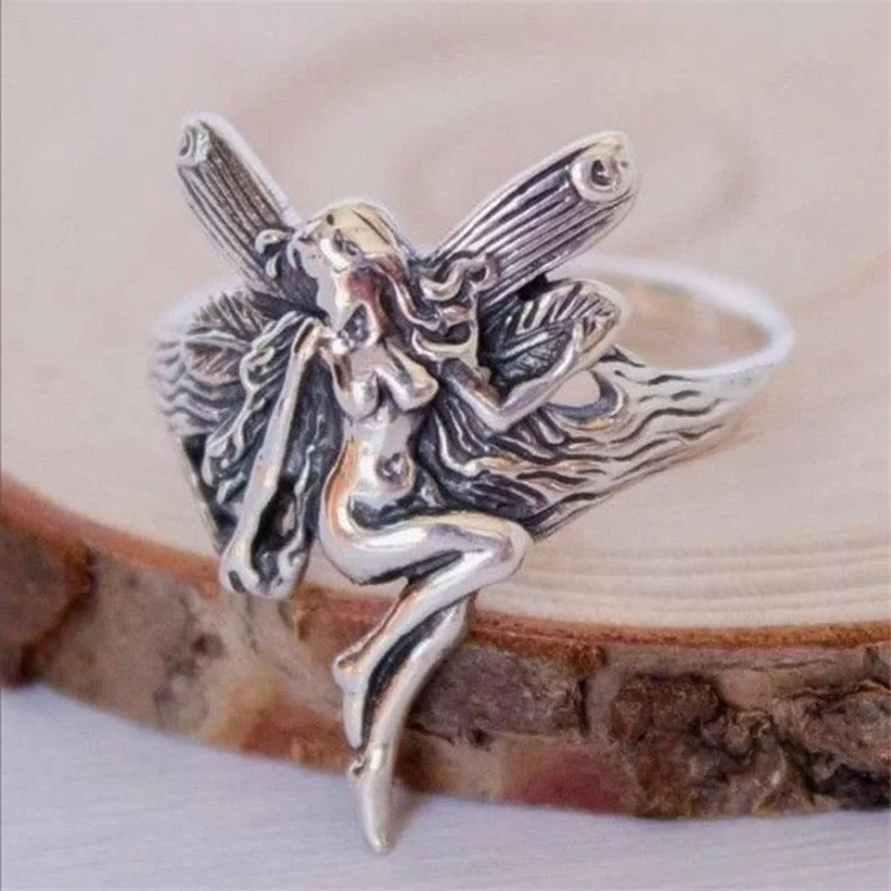 

Wholesale Vintage Silver Plated Color Angel Wings Ring for Womens Gothic Steampunk Party Anniversary Ring Adult Women's Jewelry