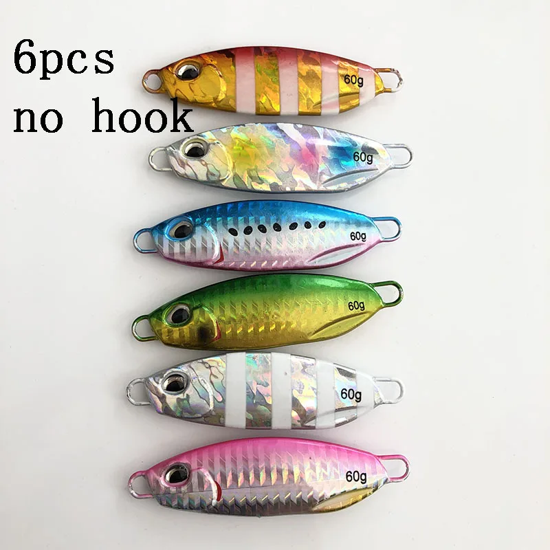 6pcs no hook3 6 шт./лот, 10, 15 г, 20 г, 30 г, 40 г, 60 г, ложка, металлический джиг, тройной крючок, искусственная приманка, свинцовая, морская, для ловли на окуня, для рыбалки на суше, приманка для джигинга - Цвет: 6pcs no hook3