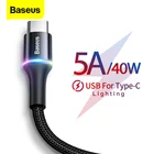 Кабель Baseus USB Type-C со светодиодной подсветкой, 5 А, 40 Вт, для Xiaomi Redmi k20, Huawei P30 Pro, быстрая зарядка, USB-C