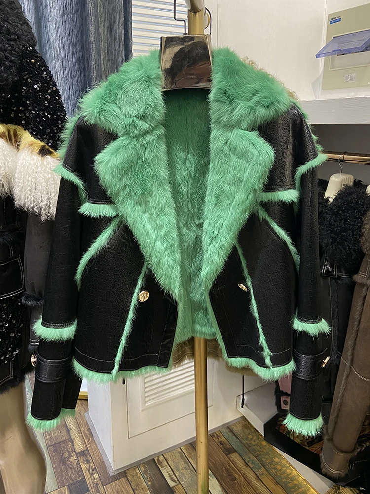 Winter Women Green Color Real Skin Rabbit Fur Inner Warm Short Fashion Jackets Real Rabbit Fur Collar Ladies Outwear