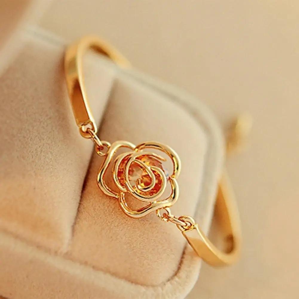 

Women Golden Flower Crystal Rose Bangle Cuff Chain Bracelet Chic Jewelry Present