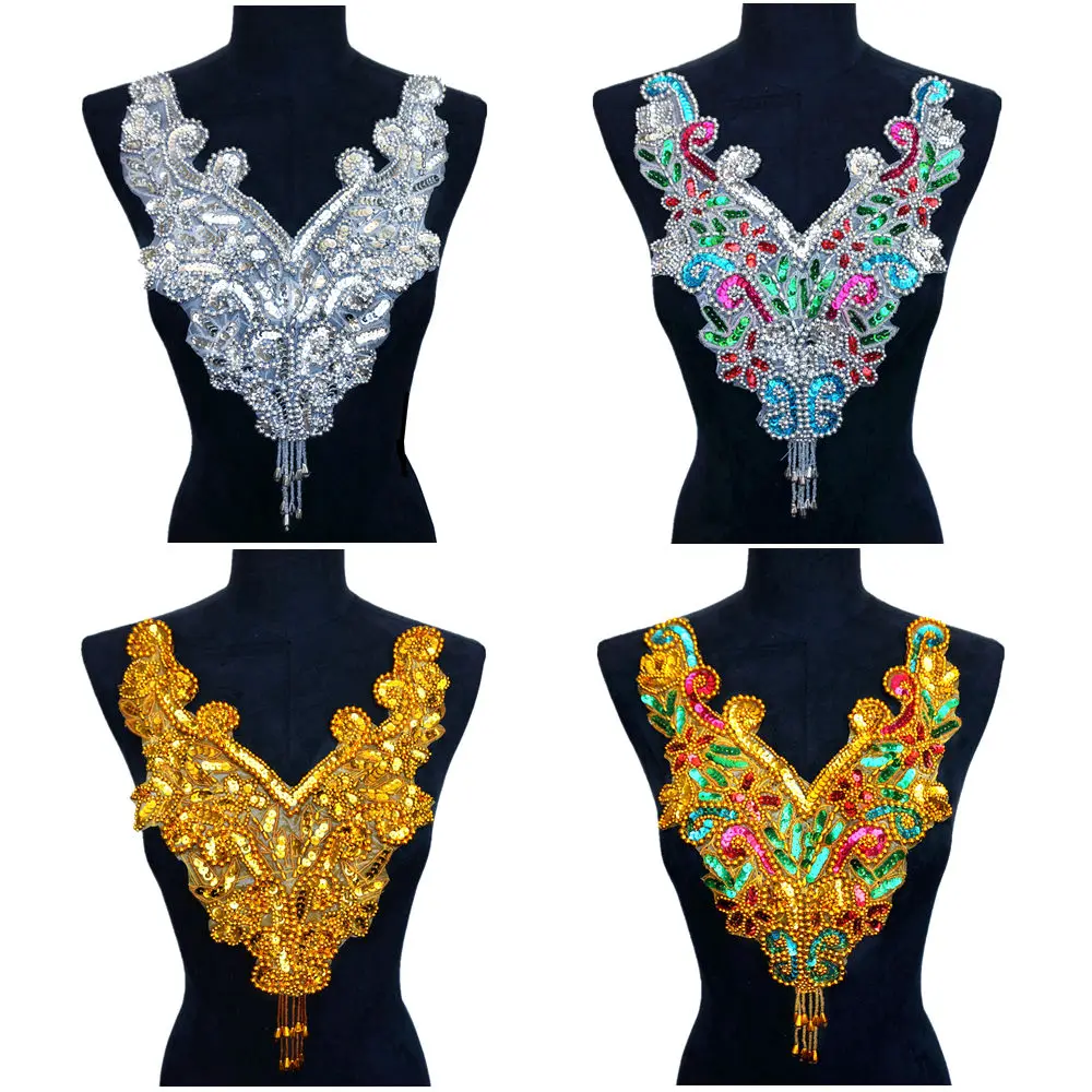 Золотые серебряные Радужные Блестки бисер ткань воротник аппликации нашивка