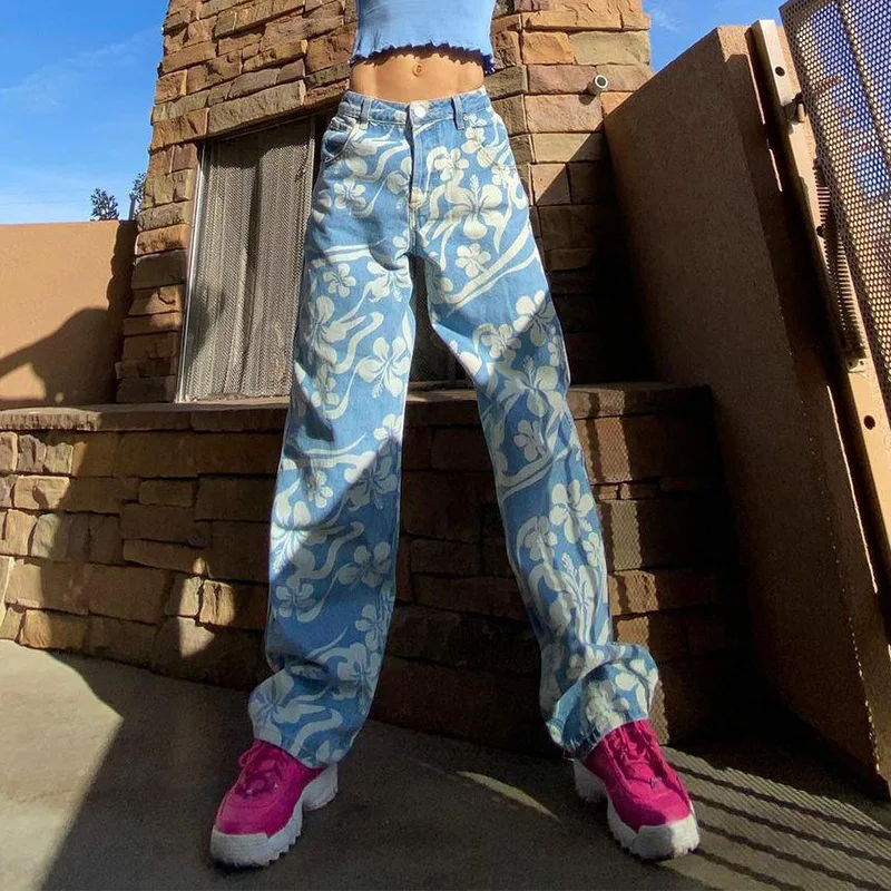 

Retro Floral Print Pants Women Y2K Denim Jeans Low Waist Baggy Grunge Vintage Trousers Aesthetic Harajuku Fashion Casual Bottoms