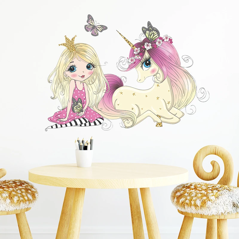 

Cute Princess Girl Wall Stickers for Kids Room Decoration Baby Bedroom Wall Decor Cartoon Unicorn Wall Decals pegatinas de pared