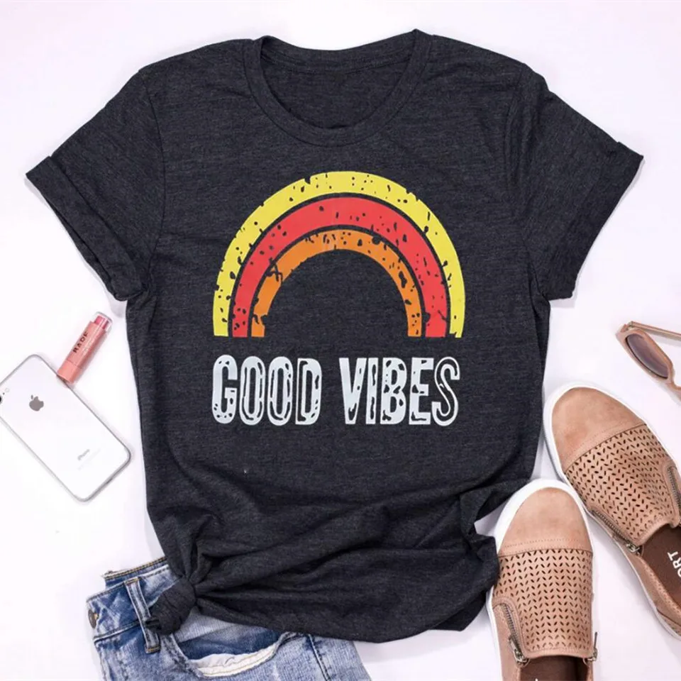 

2021 New Fashion T-Shirt For Women Rainbow and Letter Good Vibes Print Harajuku Tshirt Tops Casual O-Neck Short Sleeve Tops Tee