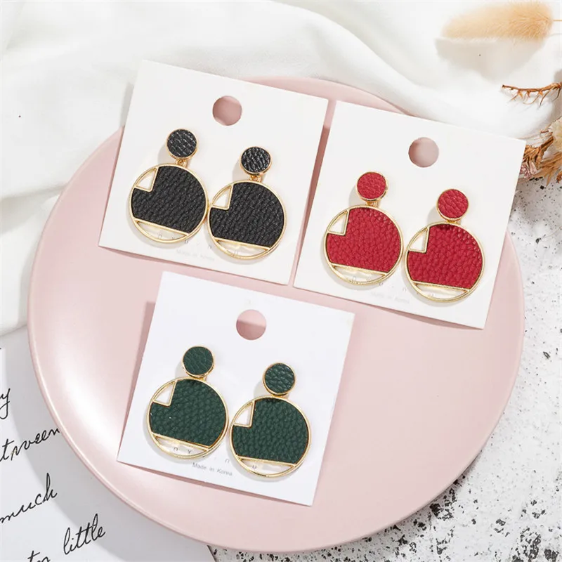 M&ampG Geometric Faux Leather Earrings for Women Black Gold Circle Pendant Drop Fashion Jewelry Accessories Hot Sale Gift | Украшения и