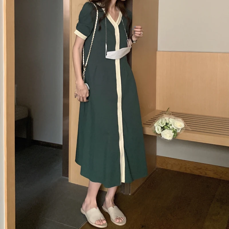 

Korejpaa Women Dress 2021 Summer Korean Gentle Temperament Contrast Color Edging V-Neck Single-Breasted Pleated Waist Vestidos