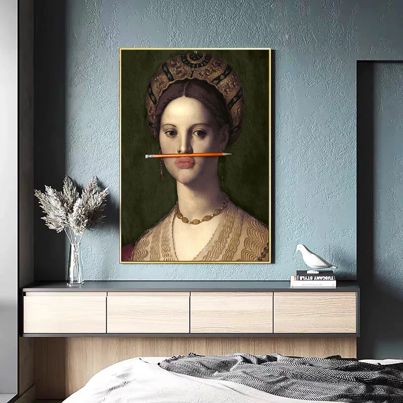 Ретро игривая девушка с карандашом рот плакаты и искусство стены картины для