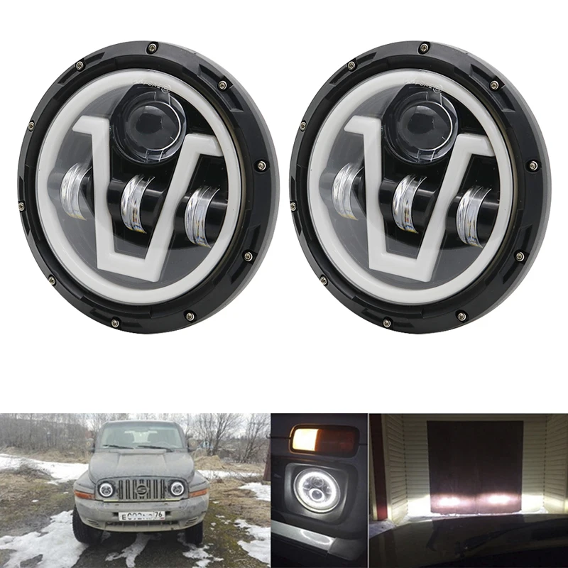 Black / Chrome 7&quot Motor LED Round Halo Headlight For Lada Niva 4x4 7 Inch Driving Headlamp With White DRL Nissan Patrol | Автомобили и