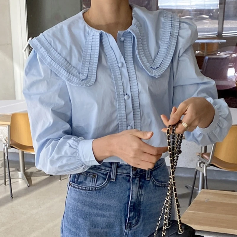 2021 рубашка с отложным воротником и рукавами-фонариками Женская однотонная