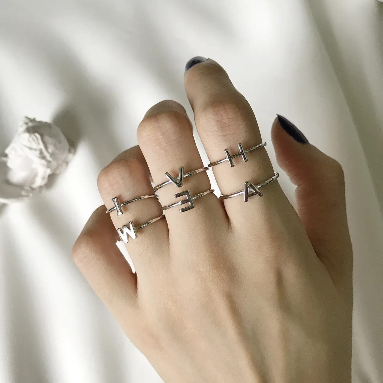

1pc Authentic S925 Sterling Silver Fine Jewelry 24 Letters alphabet Wrapping ring Cocktail Thin adjust C-J1305