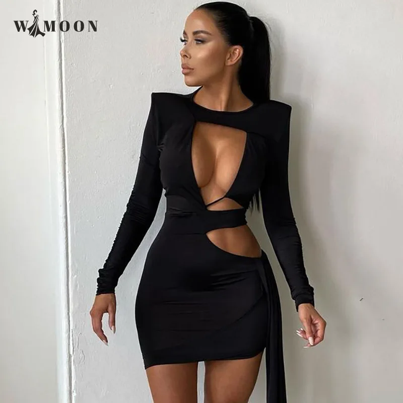 

Shoulder Pad Bandage Hollow Dresses Long Sleeve Bodycon Women Elegant Party Evening Wrap Sexy Club Outfits Birthday Mini Dress