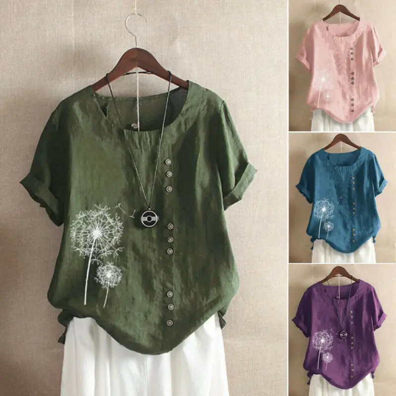 

Женская футболка из хлопка и льна, с коротким рукавом