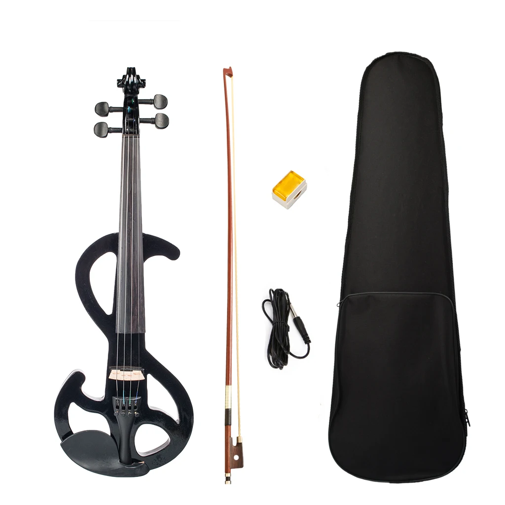 Black Solidwood Electric Violin Set w/ Canvas Case+Brazilwood Bow+Rosin+Audio Cable 4/4 Full Size Student Violin For Beginner
