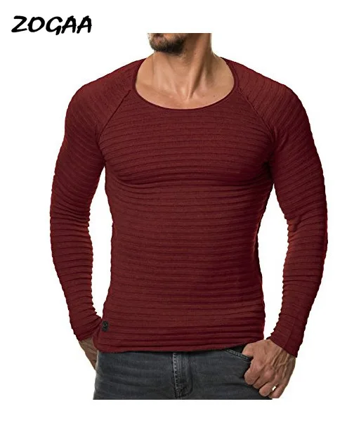 

ZOGAA 2021 New Fashion Men's Round Neck Slim Solid Color Long-sleeved T-shirt Striped Fold Raglan SleeveT shirt Men Tops Tees