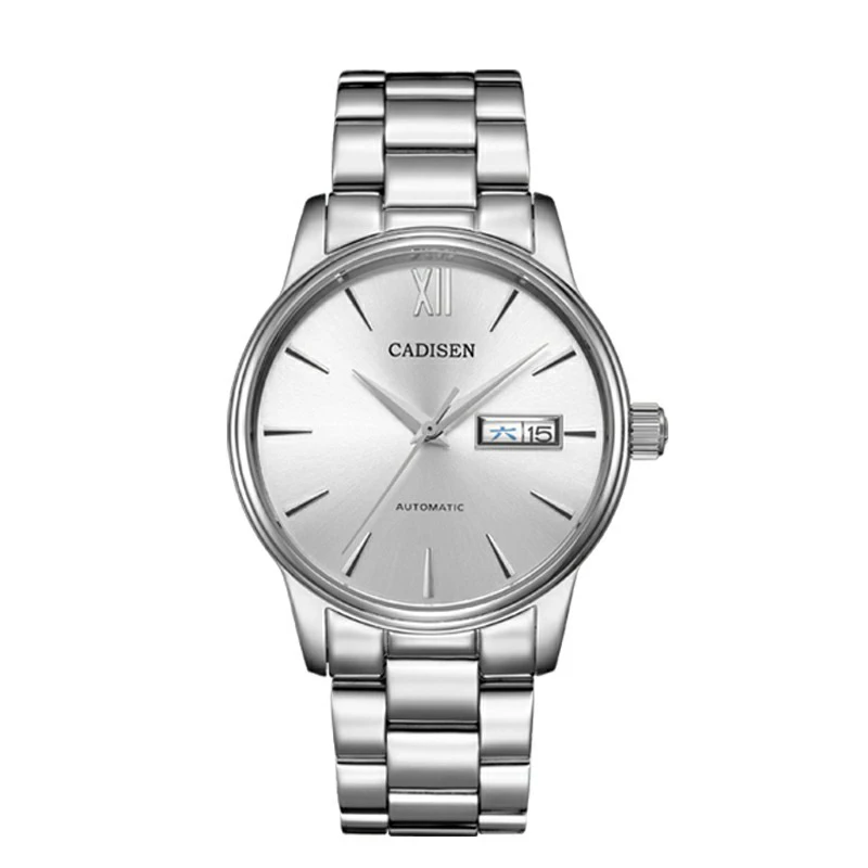 Silver steel CADISEN автоматические часы для мужчин механические часы из натуральной кожи Топ люксовый бренд Япония NH36A наручные часы Relogio Masculino - Цвет: Silver steel