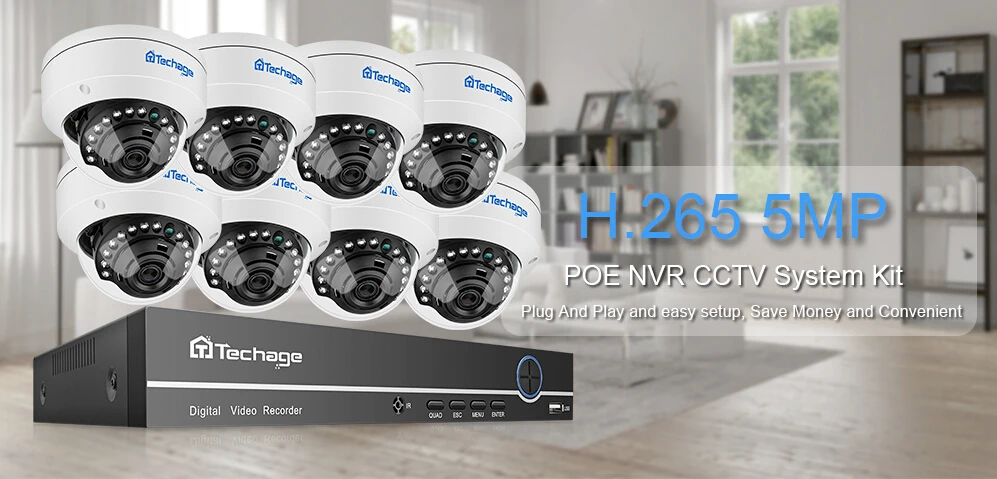 Techage H.265 8CH 5MP POE NVR система видеонаблюдения Антивандальная 5MP Крытая купольная ip-камера запись аудио безопасности P2P комплект видеонаблюдения