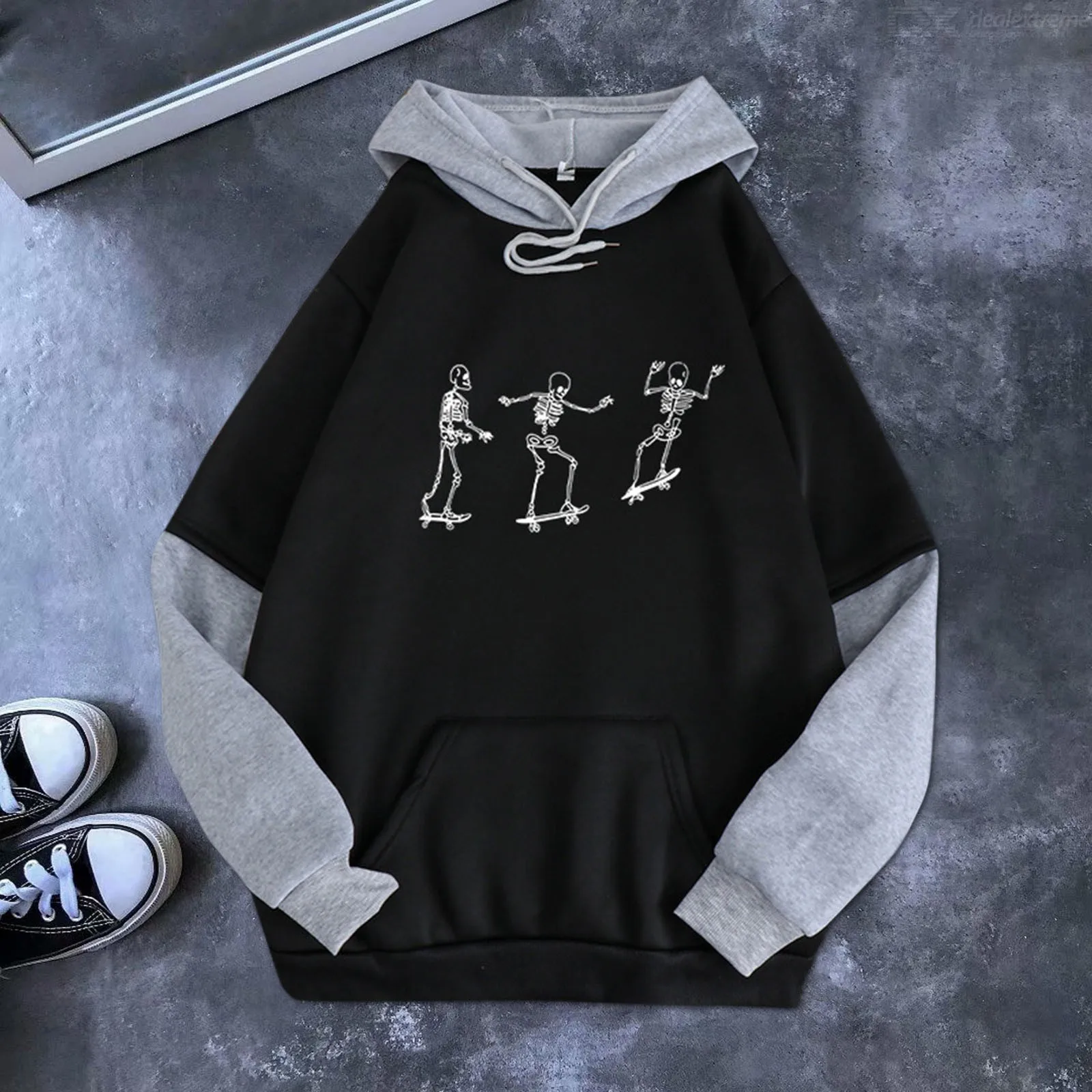 Korean Sweatshirt Women Autumn Hoodie Girl Autumn 90s Harajuku Velvet Stitching Loose Plus Size Pocket Hooded Sweatshirt