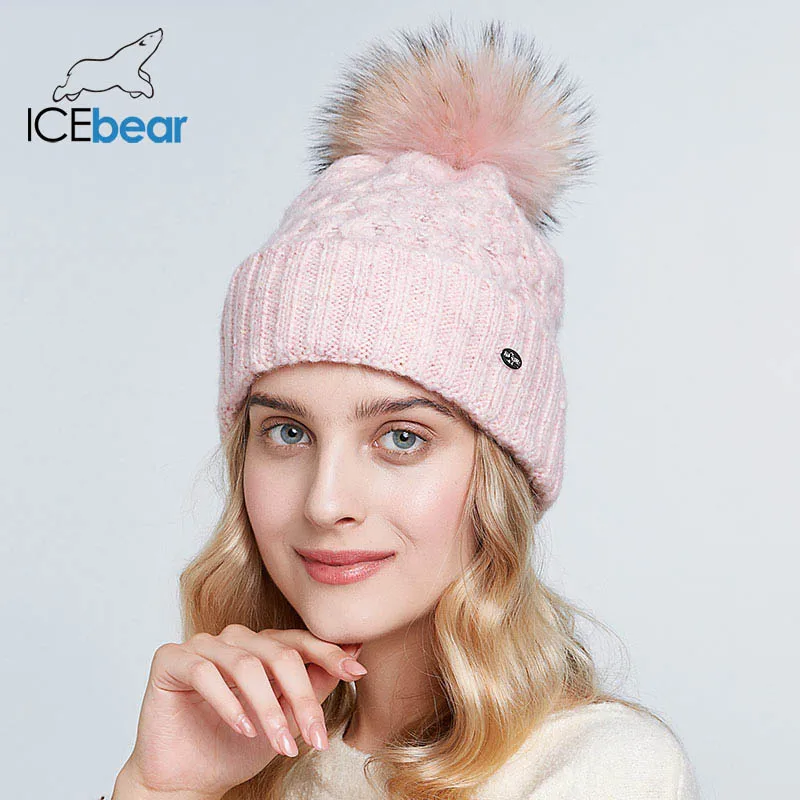 ICEbear зимние шапки для женщин натуральный мех помпон шапка теплые осенние вязаные шапки для женщин модные вязаные шапочки Женские шапки E-MX19113Q