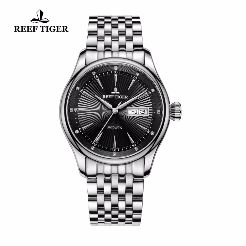 

Reef Tiger/RT Dress Watch Men Date Day Black Dial Analog Automatic Watches Full Stainless Steel Watch RGA8232