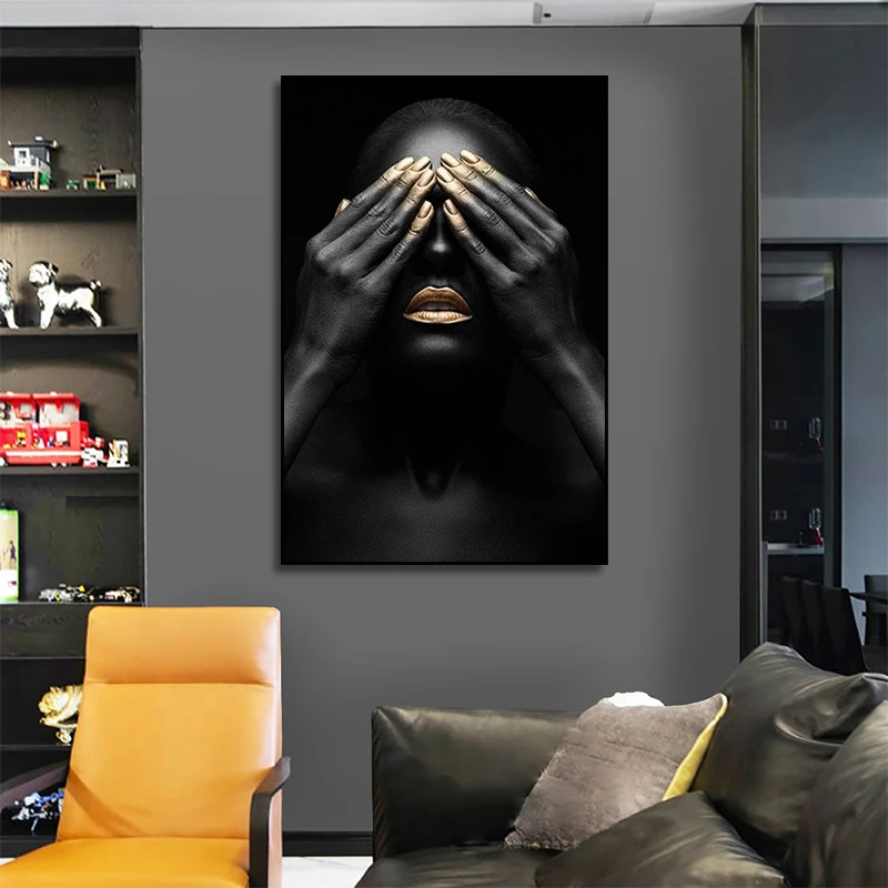 

Black Hands And Golden Lips Nude Girl Oil Painting On Canvas Poster Prints African Wall Art Pictures Living Room Home Decoration