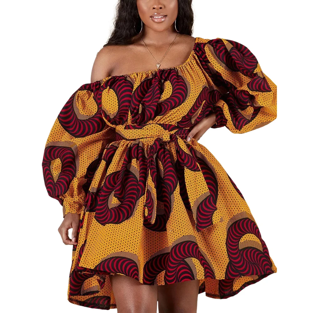 

Sexy Sloping Shoulder Elastic Digital Printing Fluffy Mini Dress Woman Sweet High Waist Short Skirt Female Long Sleeve Dress XL