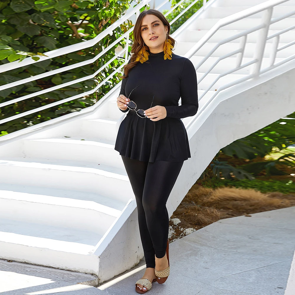 

Plus Size Black Bodysuit Bathing Suit For Muslim Fashion Swimwear Women One Piece Swimsuit Long Sleeve Islamic Swim Wear