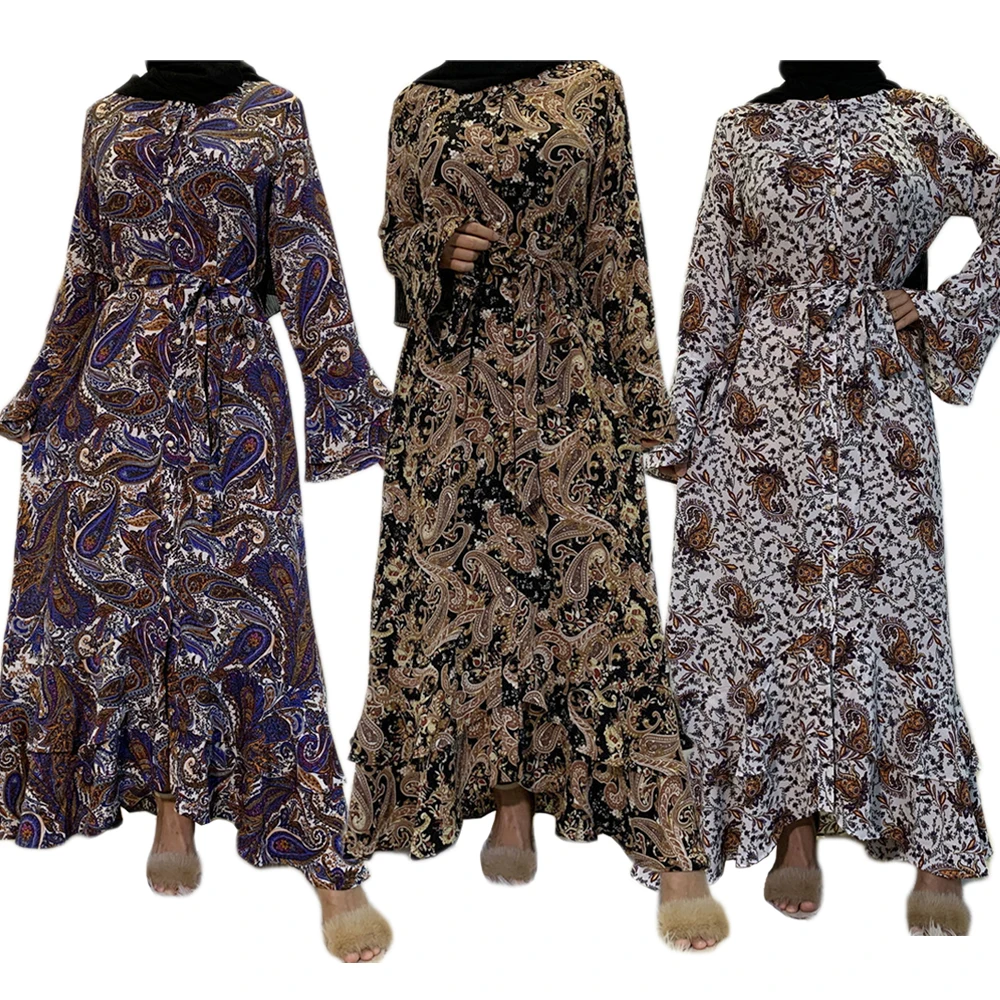 Женское винтажное длинное платье-макси с принтом Abaya в Дубае, турецкое платье-кафтан с рюшами, вечерние платья для джайлбаба, мусульманская ...