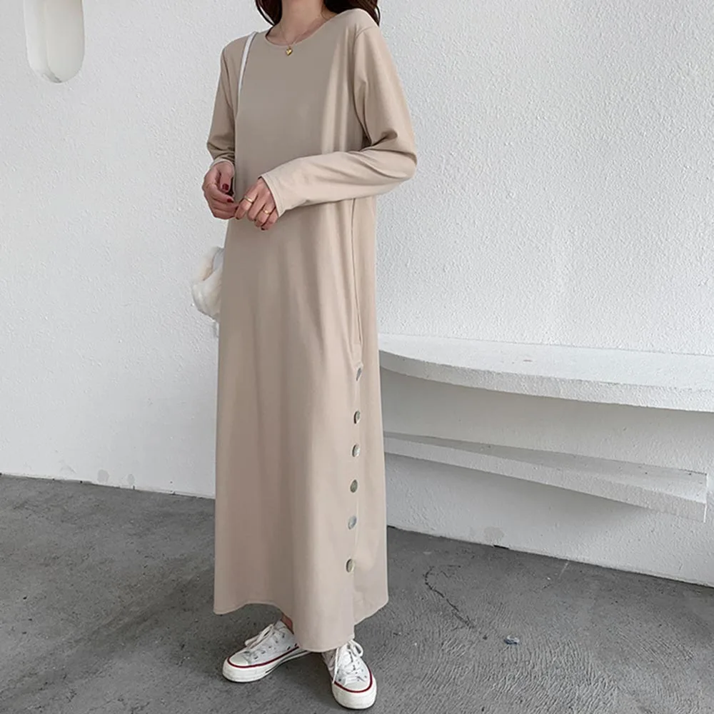 

Creative Japanese Style Dress OL Temperament Women's Solid Color Long Dress One-piece Long Sleeved Round Neck Maxi Dresses