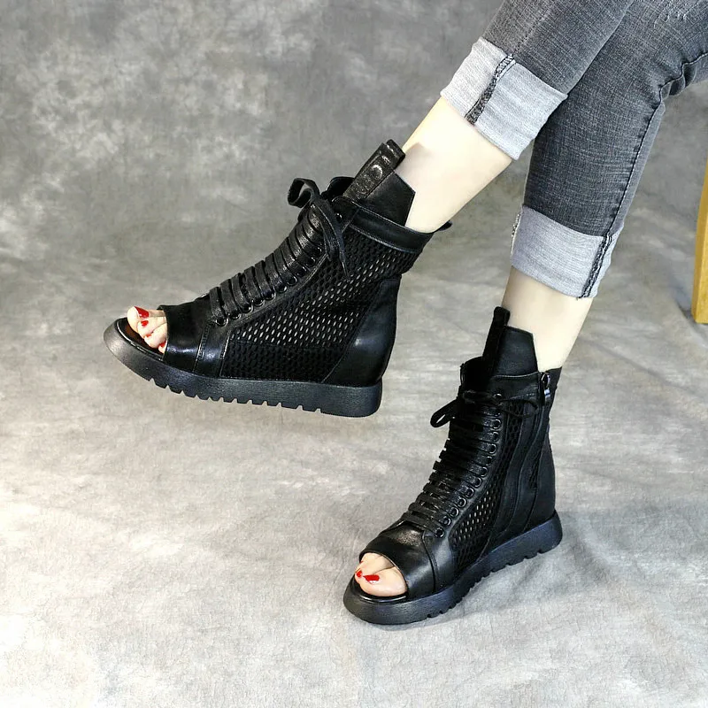 Женские кожаные сандалии с открытым носком и в сеточку Летняя обувь Красивые