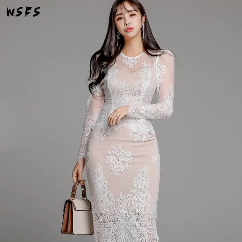 

2 Pieces Set Spring Dresses Black Lace See Through Tops Bandage White Dinner Women Dress Vintage Sexy Party Pencil Skirt Clothes