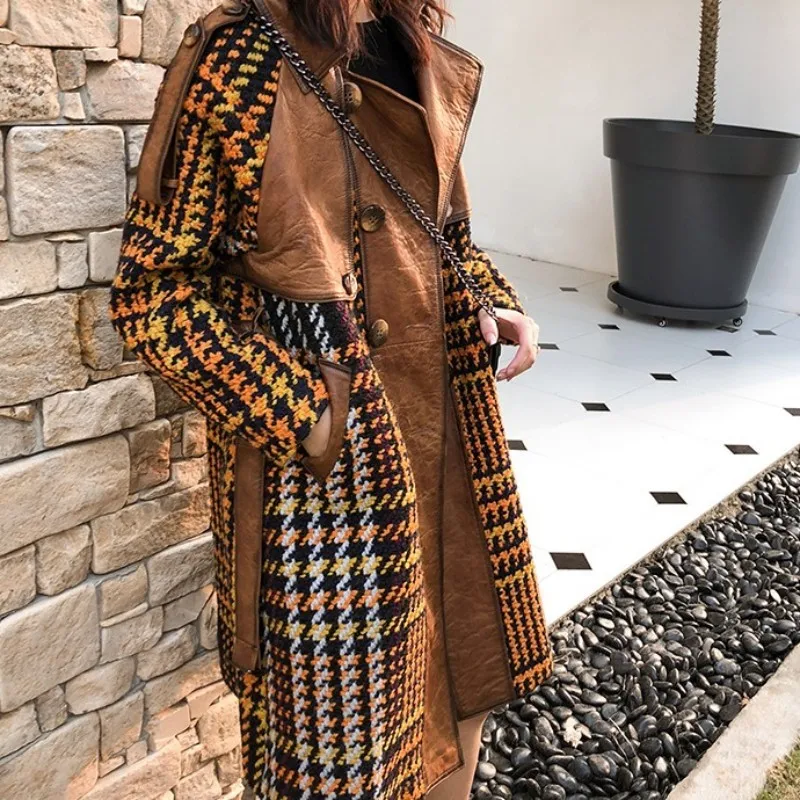 

Brand Runway Women Winter Sheepskin Genuine Leather Long Jacket Belt Slim Fit Office Lady Spliced Twill Trench Coat Windbreaker