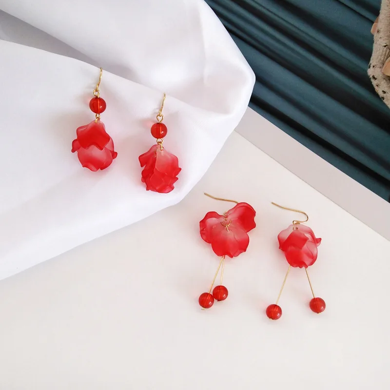Aretes de mujer, современный стиль, дизайн, большие красные лепестки роз, серьги с кисточками, тренд, темперамент, летние корейские серьги для женщин